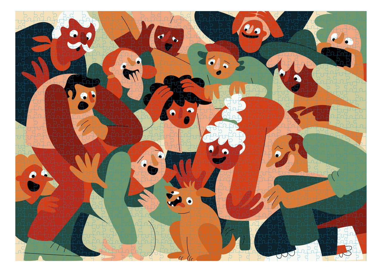 Puzzle of a crowd of people petting a dog